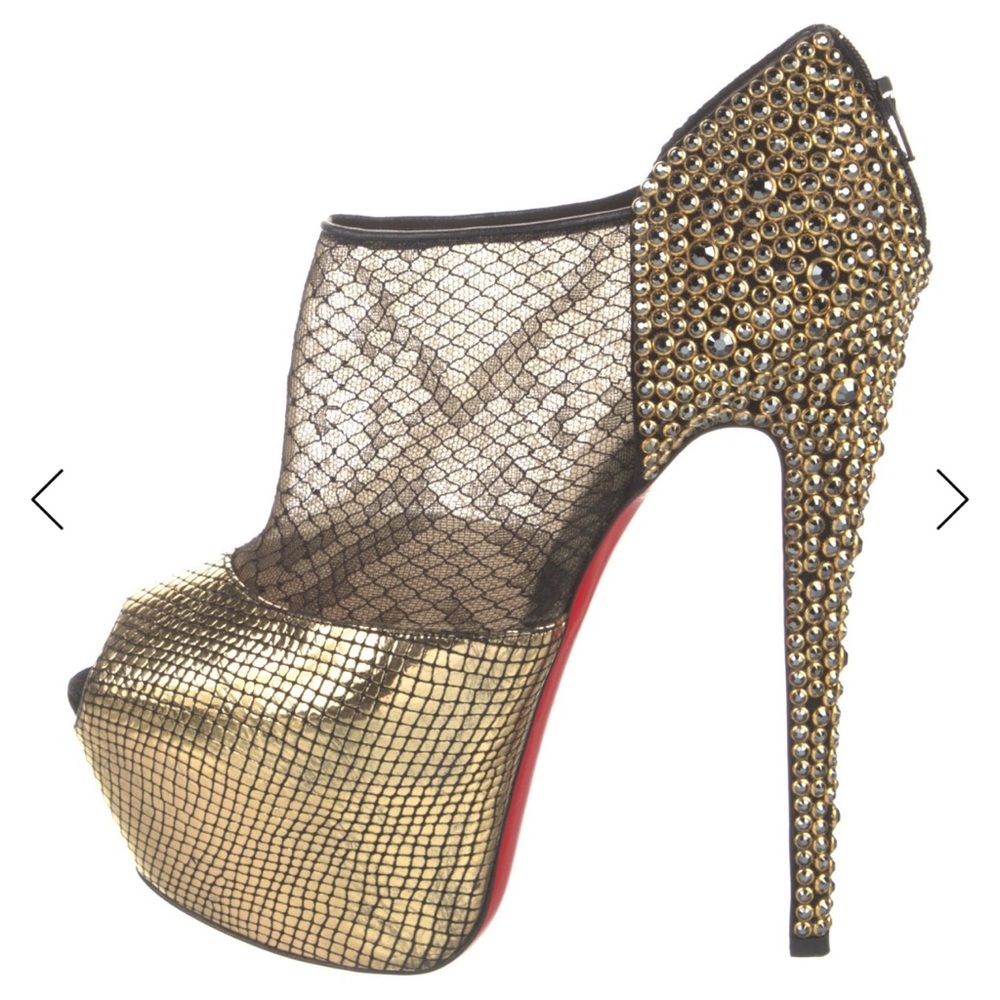 RARE Christian Louboutin Aeronotoc 160 Platform Peep Toe
Booties Gold Black Lace